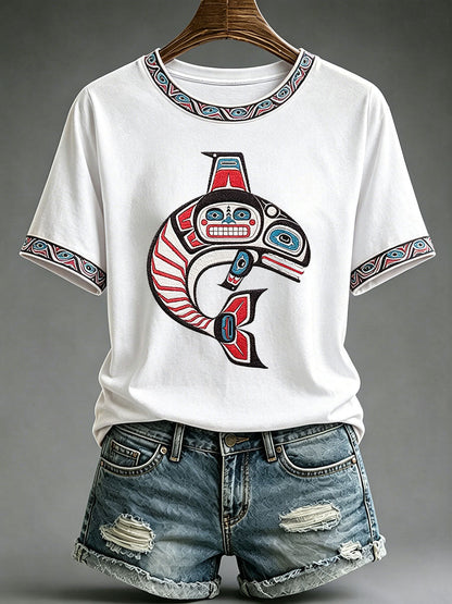 Indigenes Totem-Print-T-Shirt für Frauen
