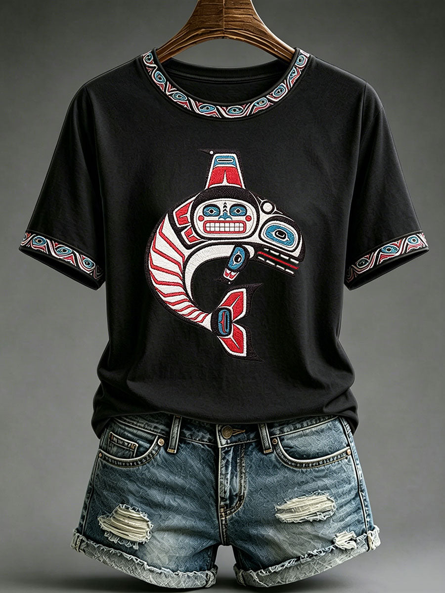 Indigenes Totem-Print-T-Shirt für Frauen