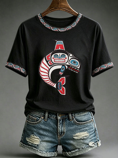 Indigenes Totem-Print-T-Shirt für Frauen