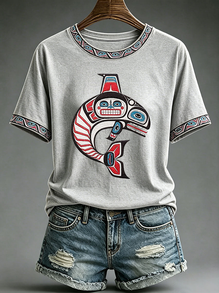 Indigenes Totem-Print-T-Shirt für Frauen