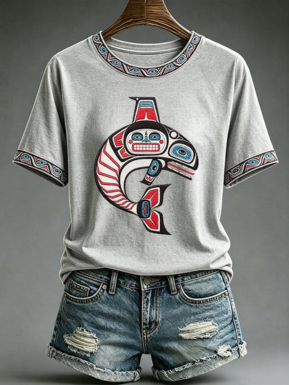 Indigenes Totem-Print-T-Shirt für Frauen
