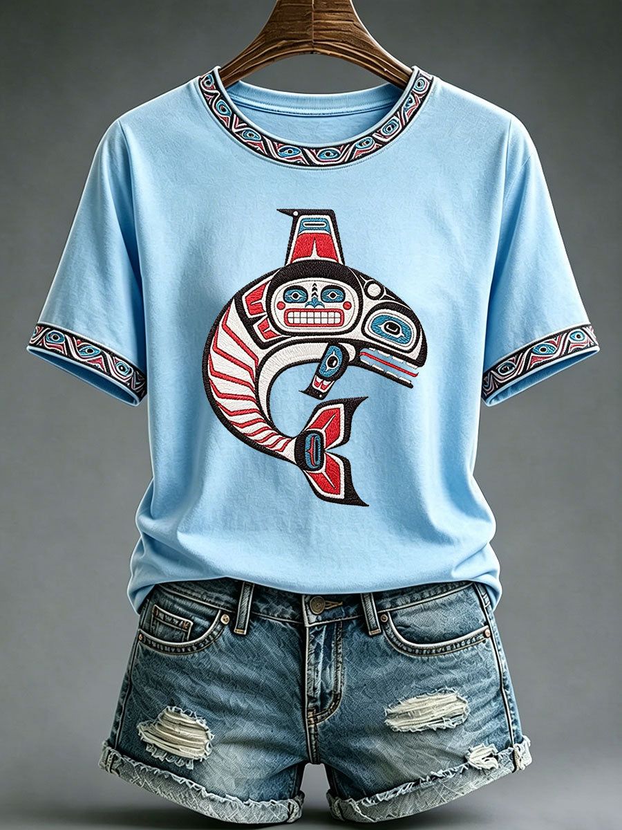 Indigenes Totem-Print-T-Shirt für Frauen