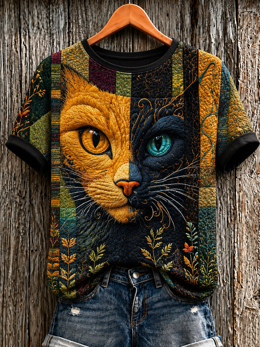 Damen-T-Shirt mit niedlicher Katzen-Print und kurzen Ärmeln