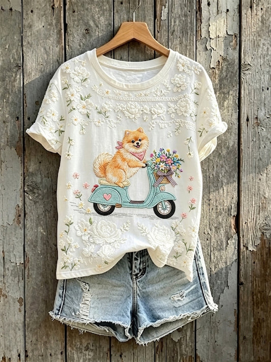 Damen-T-Shirt mit süßem Blumenmuster und Pomeranian-Hundeaufdruck, kurzärmelig