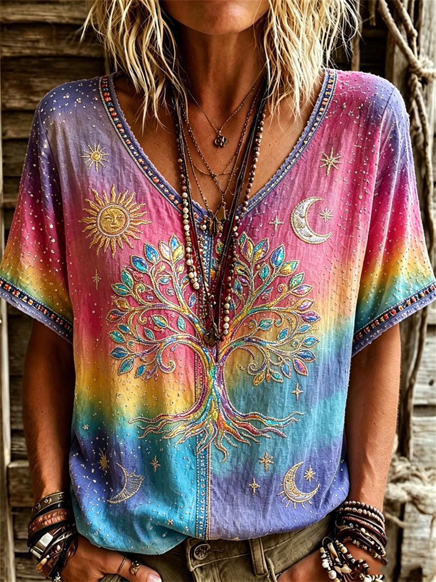 Vikinger Lebensbaum-Hippie-Kunstdruck Damen-T-Shirt aus Leinen, Farbverlauf, Kurzarm