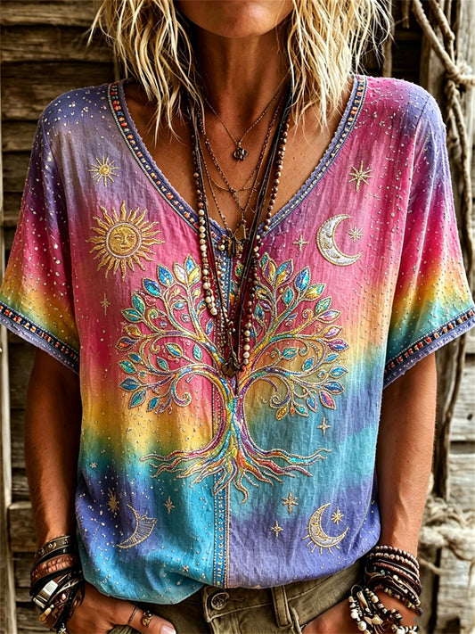 Vikinger Lebensbaum-Hippie-Kunstdruck Damen-T-Shirt aus Leinen, Farbverlauf, Kurzarm