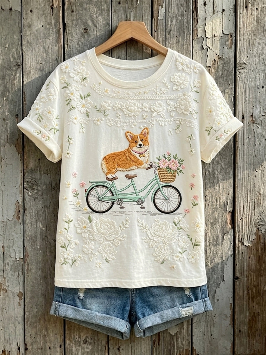 Damen-T-Shirt mit niedlichem Blumen-Corgi-Art-Print und kurzen Ärmeln