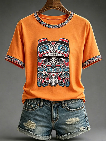 Lässiges T-Shirt für Frauen mit indigenem Totem-Print
