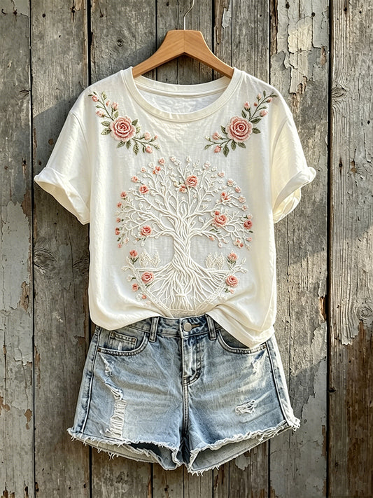 Damen-Elegantes T-Shirt mit Lebensbaum- und Blumenmuster sowie Kurzärmeln