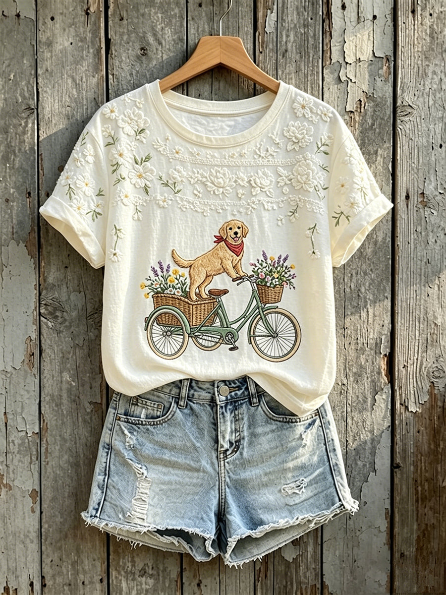 Damen-T-Shirt mit süßem Blumenmuster und Baby-Golden-Retriever-Print, kurzärmelig