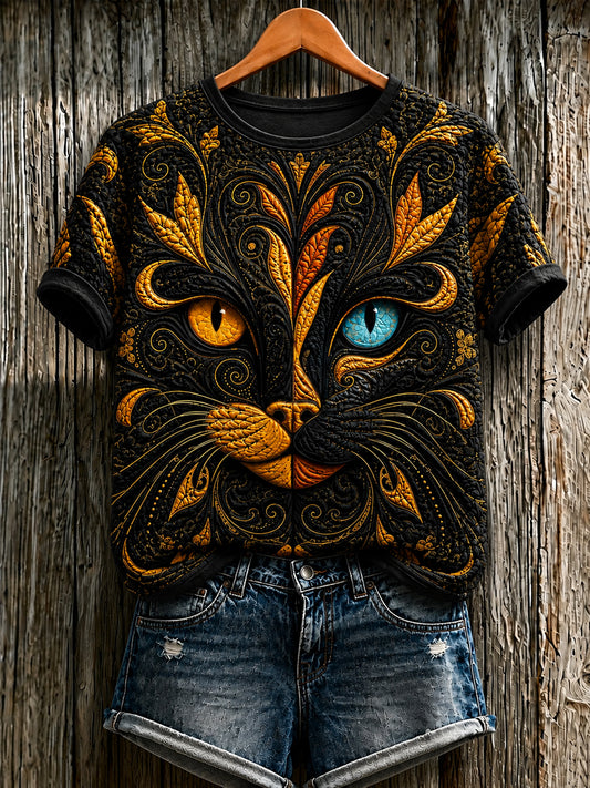 Damen-T-Shirt mit niedlicher Katzen-Print und kurzen Ärmeln