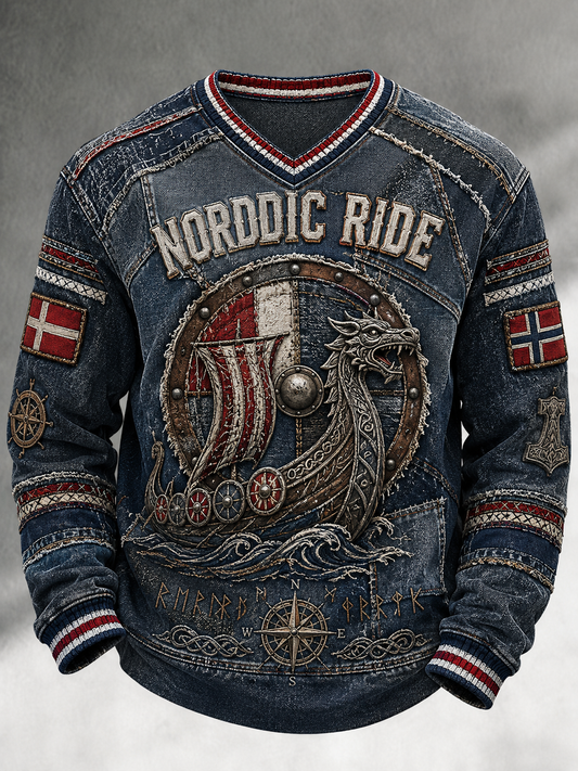 V-Ausschnitt dänische Wikinger Retro-Mode lockerer Langarm-Sweatshirt