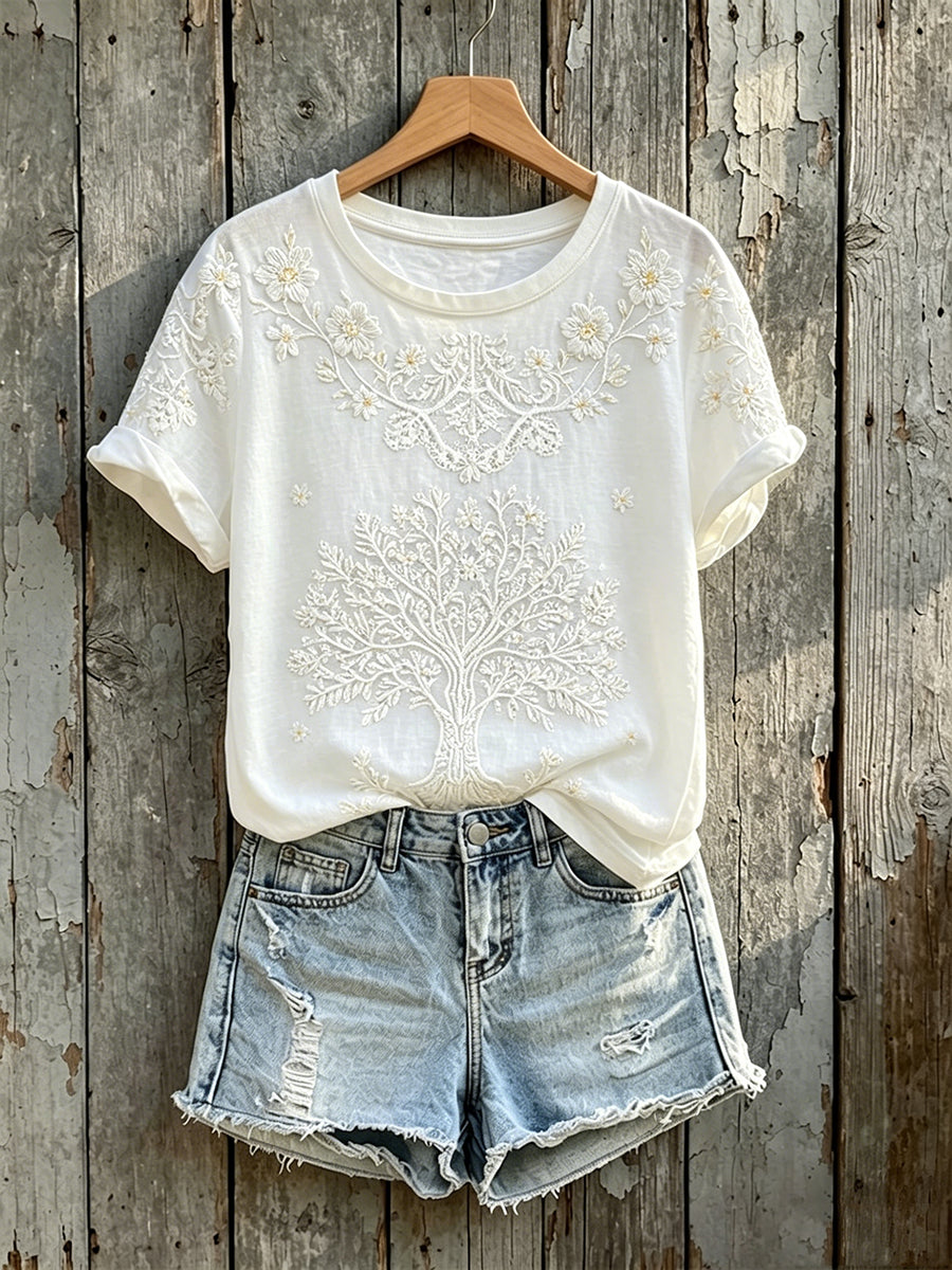 Damen-Elegantes T-Shirt mit Lebensbaum- und Blumenmuster sowie Kurzärmeln