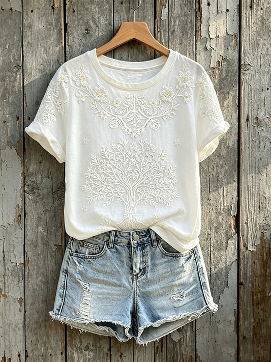 Damen-Elegantes T-Shirt mit Lebensbaum- und Blumenmuster sowie Kurzärmeln