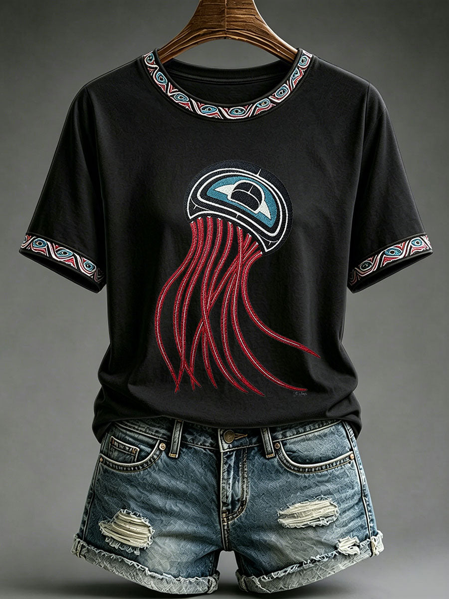Lässiges T-Shirt für Frauen mit indigenem Totem-Print