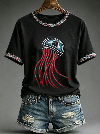 Lässiges T-Shirt für Frauen mit indigenem Totem-Print