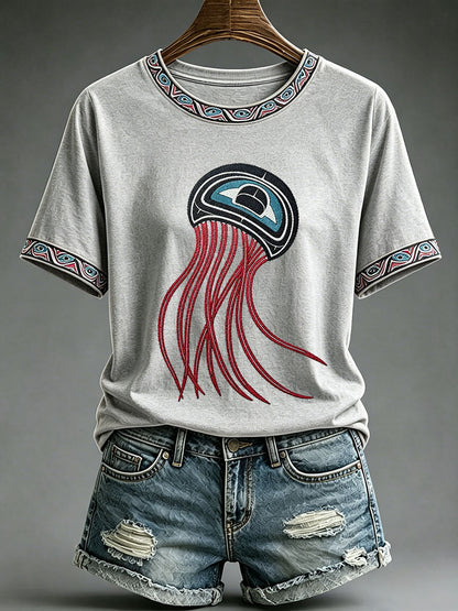 Lässiges T-Shirt für Frauen mit indigenem Totem-Print