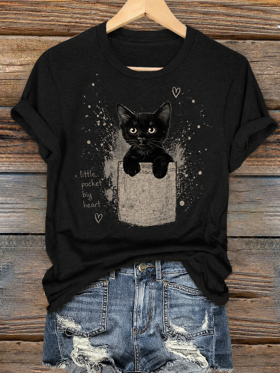 Damen-T-Shirt mit stilvollem Katzenmotiv und kurzen Ärmeln