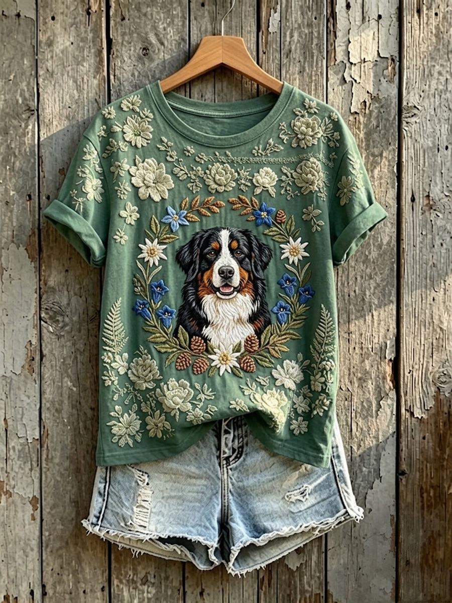 Damen-T-Shirt mit süßem Blumen- und Berner-Sennenhund-Muster, kurze Ärmel