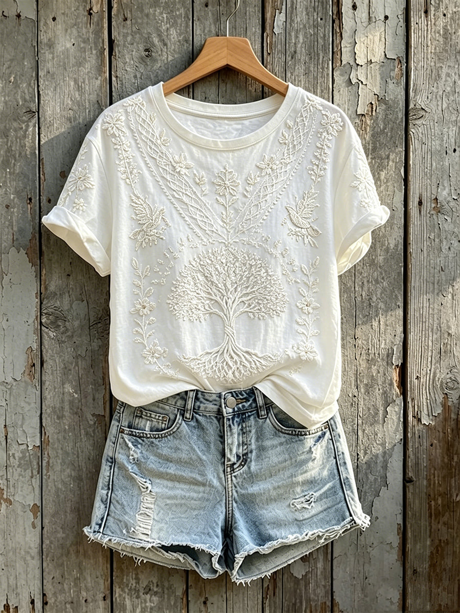 Damen-Elegantes T-Shirt mit Lebensbaum- und Blumenmuster sowie Kurzärmeln