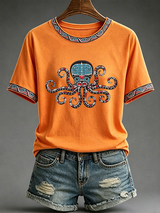 Lässiges T-Shirt für Frauen mit indigenem Totem-Print