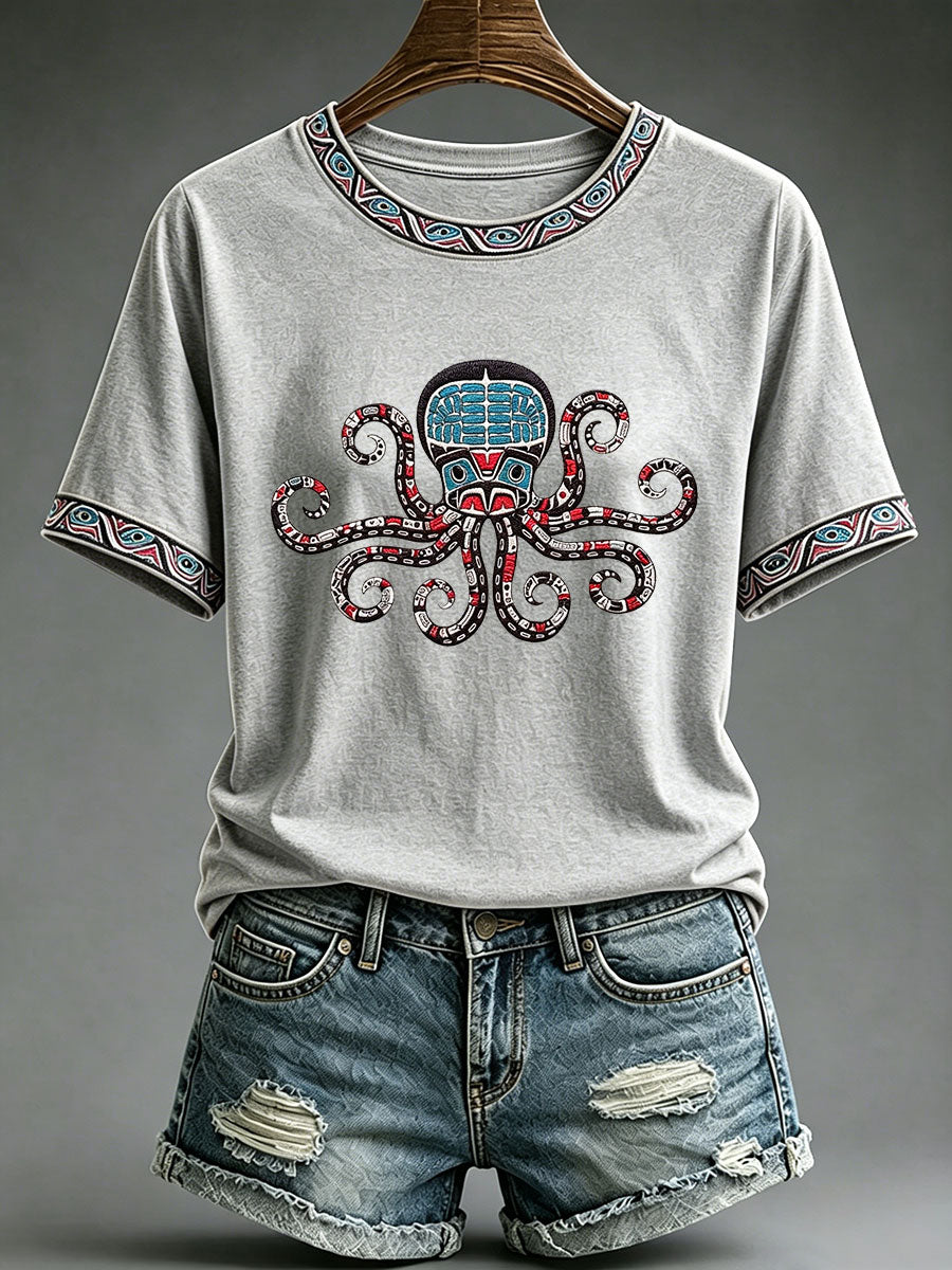 Lässiges T-Shirt für Frauen mit indigenem Totem-Print