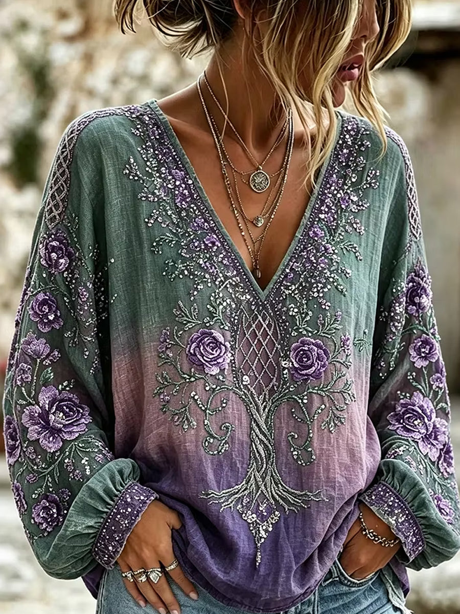Damen-Retro-Top mit Blumenmuster und Kunstdruck, lässig