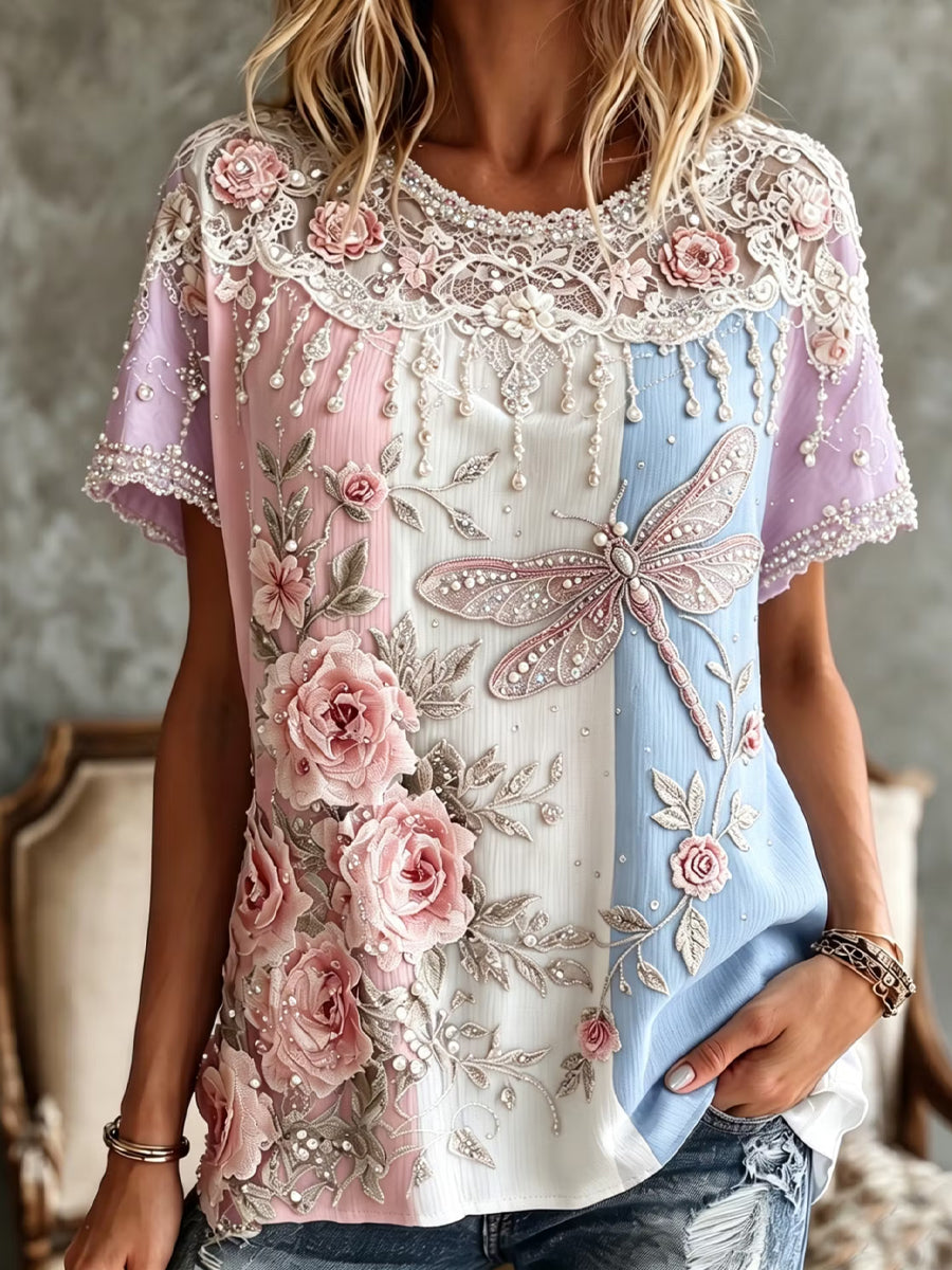 Damen-Retro-T-Shirt mit Blumenmuster und Kunstdruck, lässig