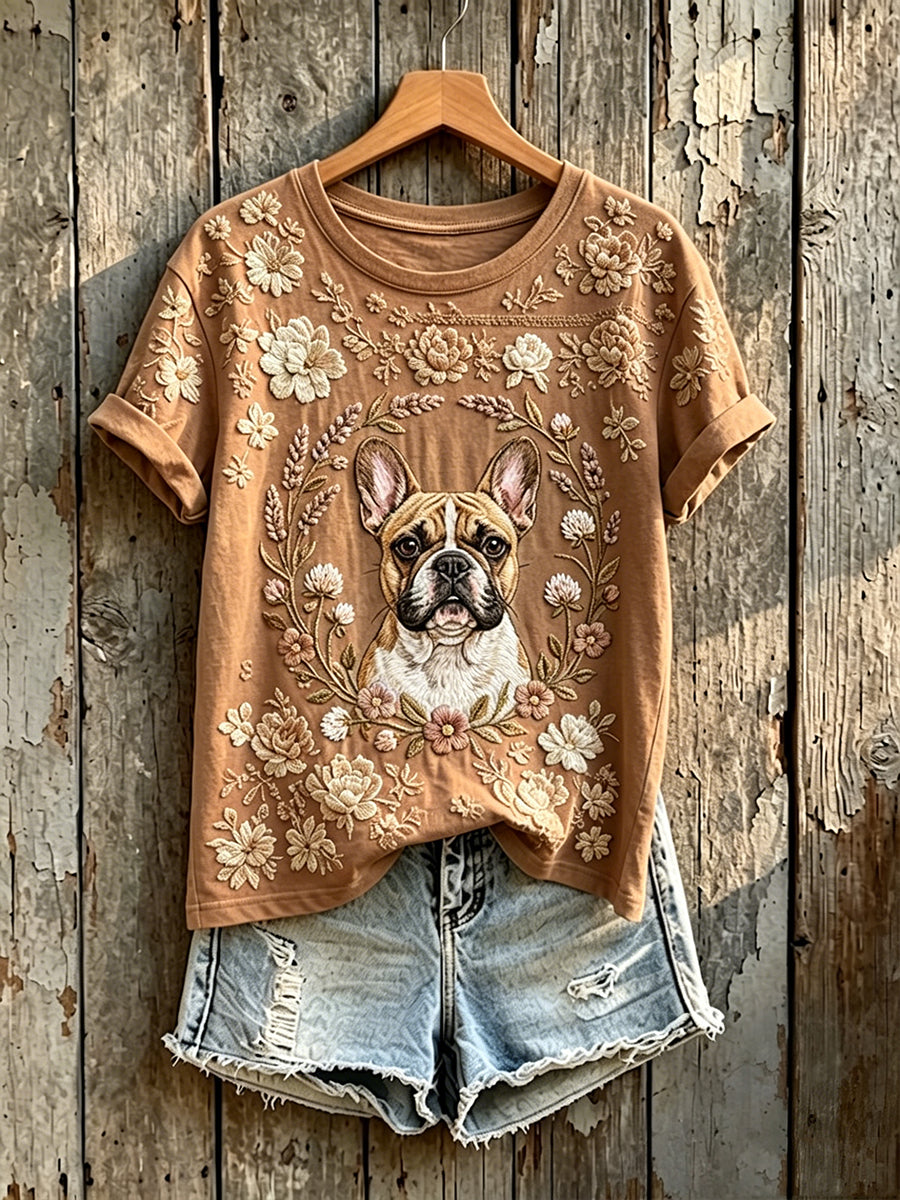 Damen-T-Shirt mit süßem Blumenmuster und französischem Bulldoggen-Print, kurzärmelig