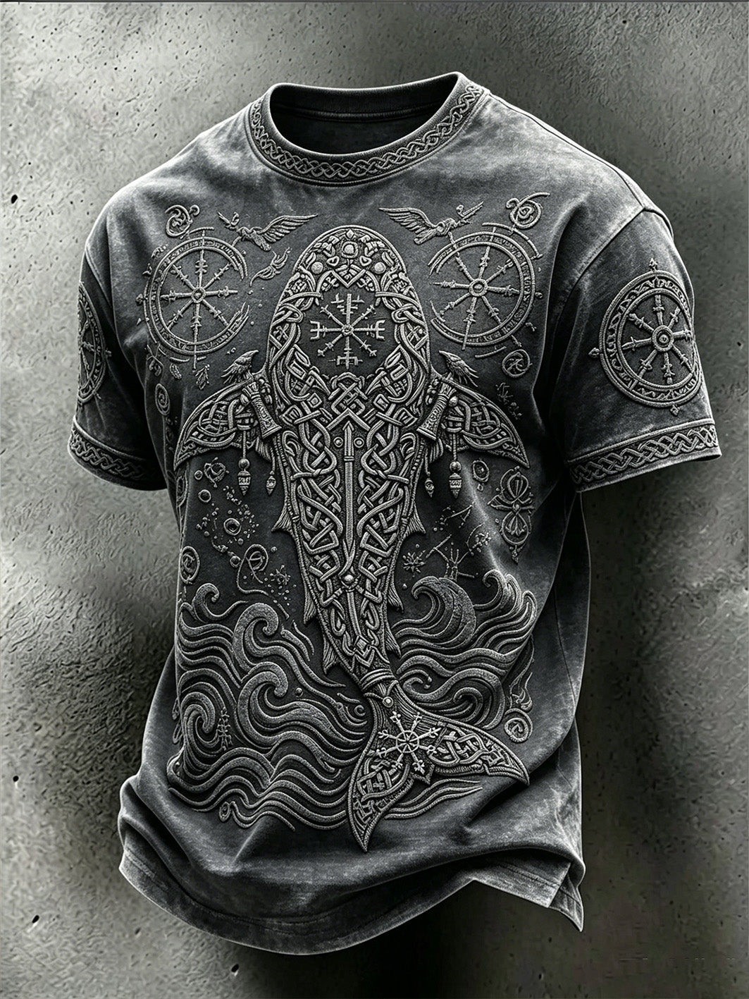 Herren-Retro-Viking-T-Shirt mit gewaschener Optik und Tiermuster