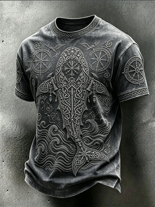 Herren-Retro-Viking-T-Shirt mit gewaschener Optik und Tiermuster