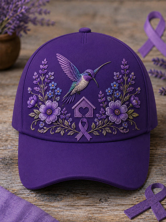 Unisex-Mütze in Lila mit Blumen- und Kolibri‑Muster zur Sensibilisierung für die Alzheimer‑Krankheit