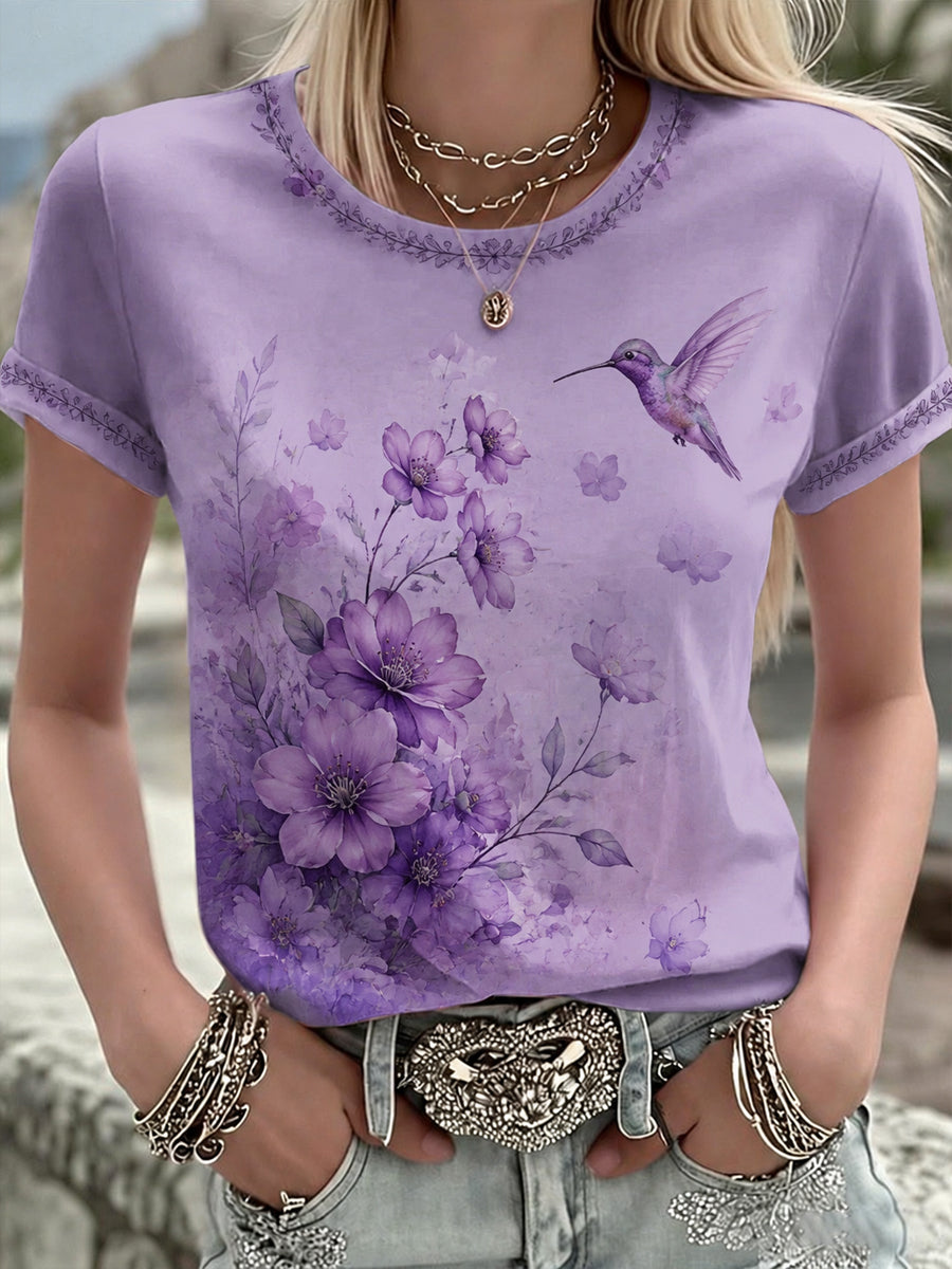 Damen-T-Shirt mit lila Blumenmotiv-Druck