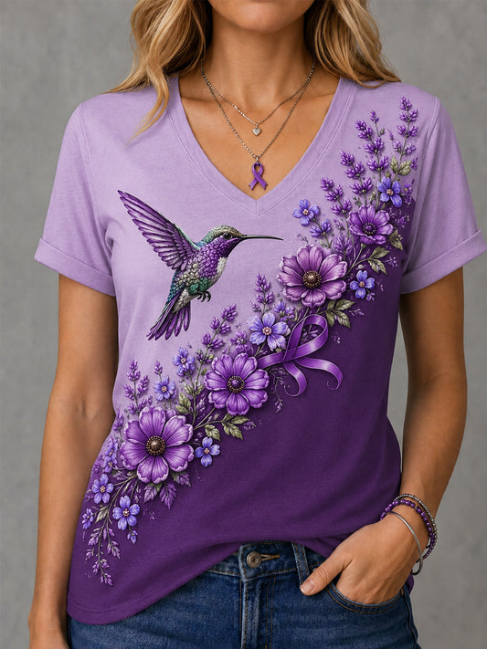 Damen-T-Shirt mit violetter Blumen- und Kolibri-Print-Aufschrift zur Sensibilisierung für Alzheimer, V-Ausschnitt