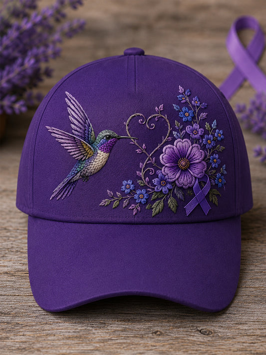 Unisex-Mütze in Lila mit Blumen- und Kolibri‑Muster zur Sensibilisierung für die Alzheimer‑Krankheit