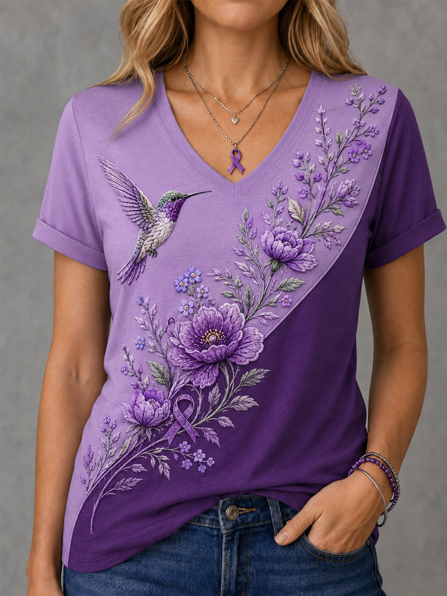 Damen-T-Shirt mit violetter Blumen- und Kolibri-Print-Aufschrift zur Sensibilisierung für Alzheimer, V-Ausschnitt