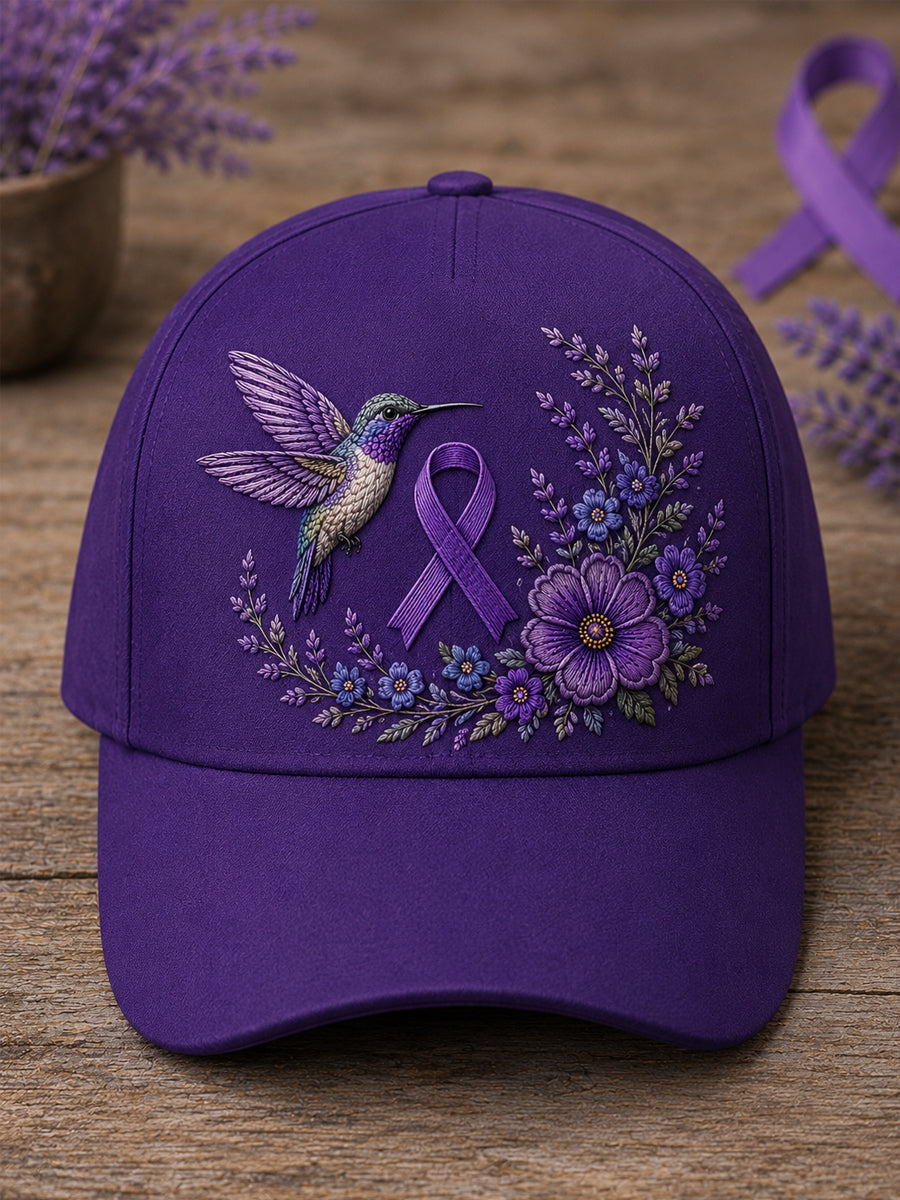 Unisex-Mütze in Lila mit Blumen- und Kolibri‑Muster zur Sensibilisierung für die Alzheimer‑Krankheit