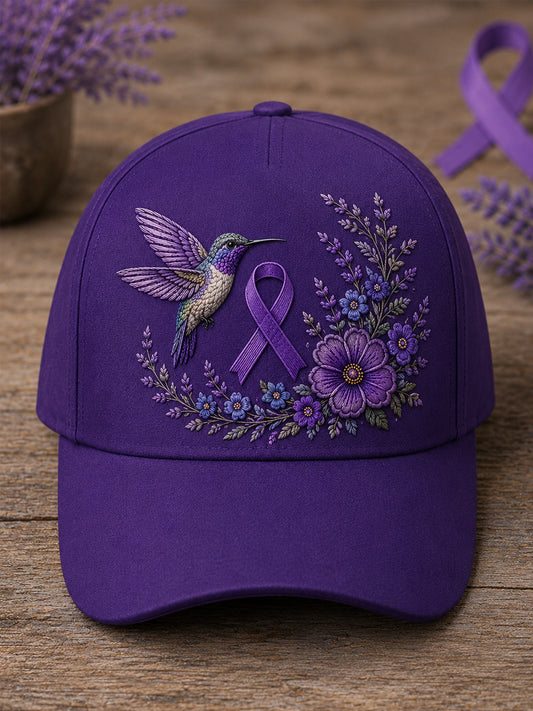 Unisex-Mütze in Lila mit Blumen- und Kolibri‑Muster zur Sensibilisierung für die Alzheimer‑Krankheit