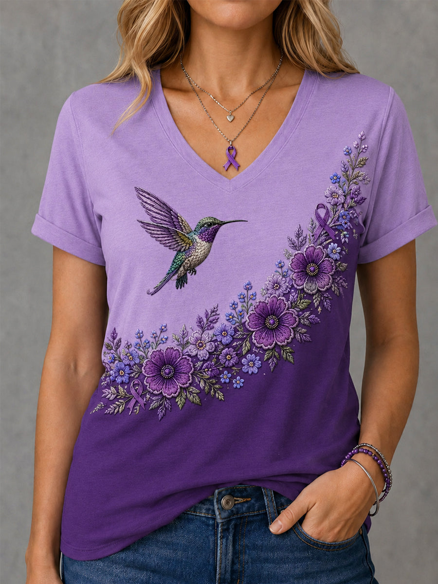 Damen-T-Shirt mit violetter Blumen- und Kolibri-Print-Aufschrift zur Sensibilisierung für Alzheimer, V-Ausschnitt