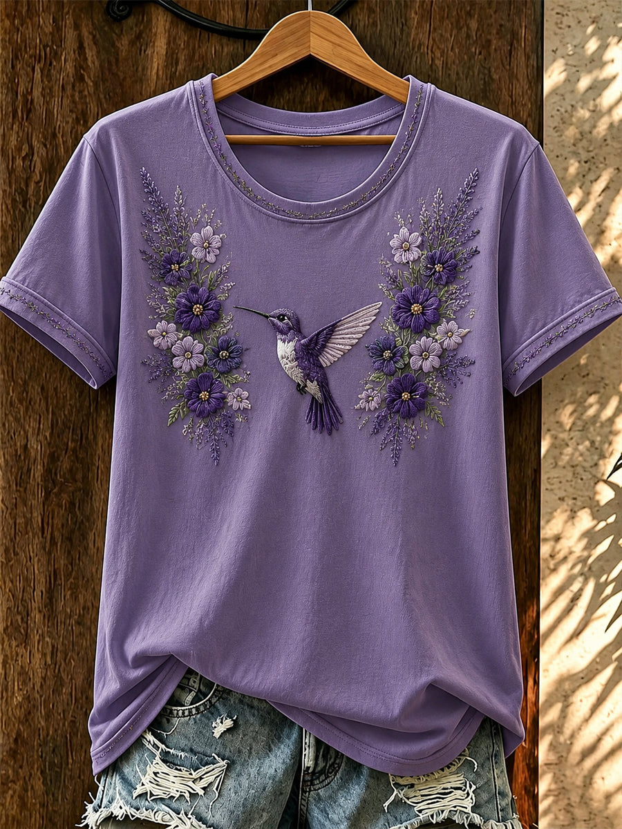 Damen-T-Shirt mit lila Blumenmotiv-Druck