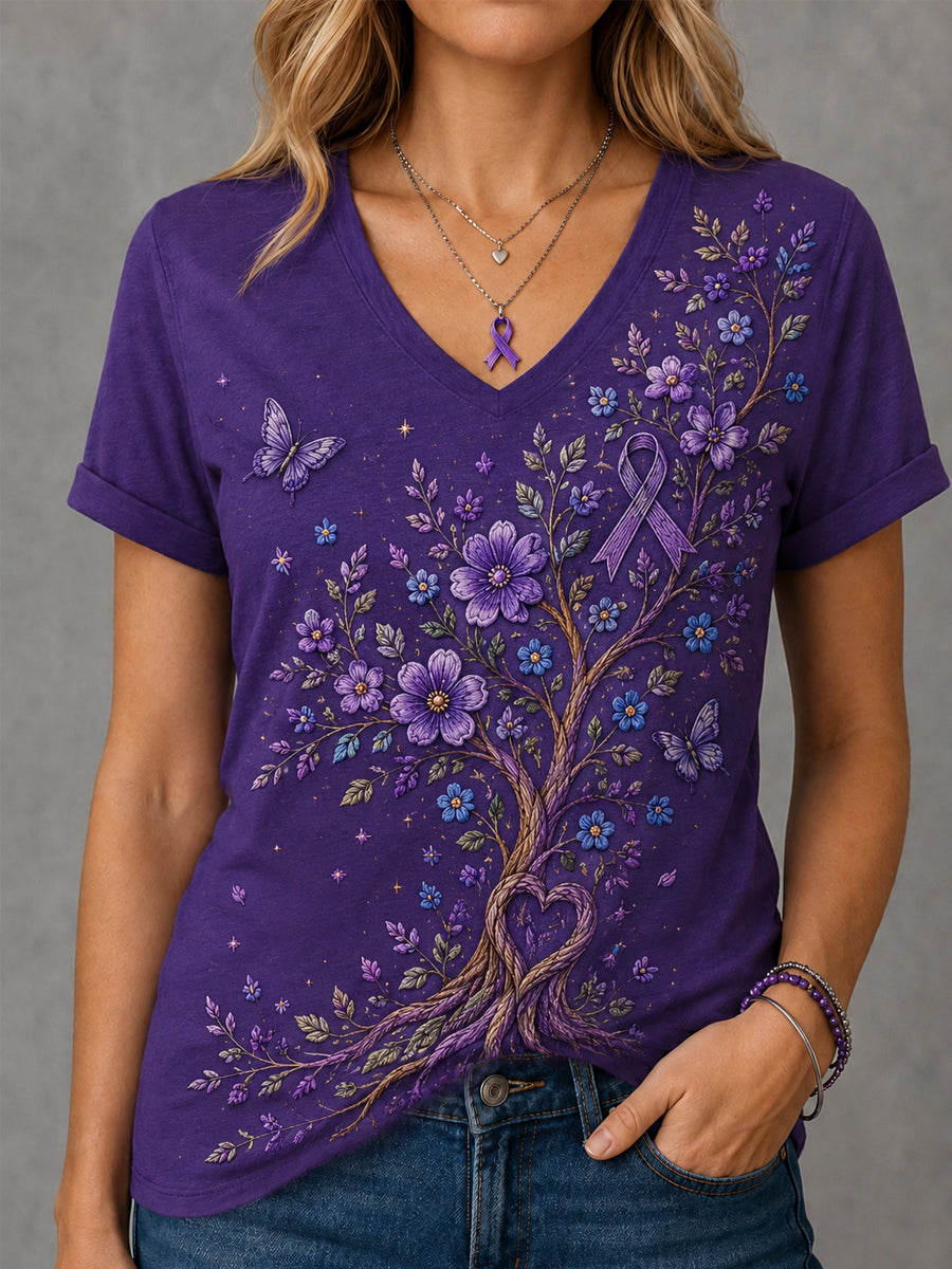 Damen-T-Shirt in Lila mit Blumen- und Schmetterlingsmuster zur Sensibilisierung für Alzheimer, V-Ausschnitt