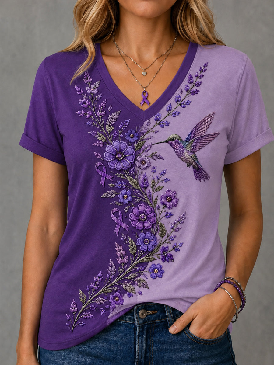 Damen-T-Shirt mit violetter Blumen- und Kolibri-Print-Aufschrift zur Sensibilisierung für Alzheimer, V-Ausschnitt