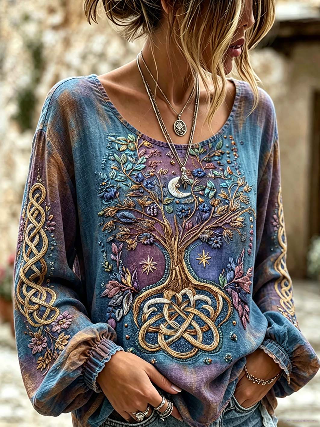 Damen Retro Nordic Mythologie Viking Muster Bedrucktes Baumwoll-Leinen-Shirt