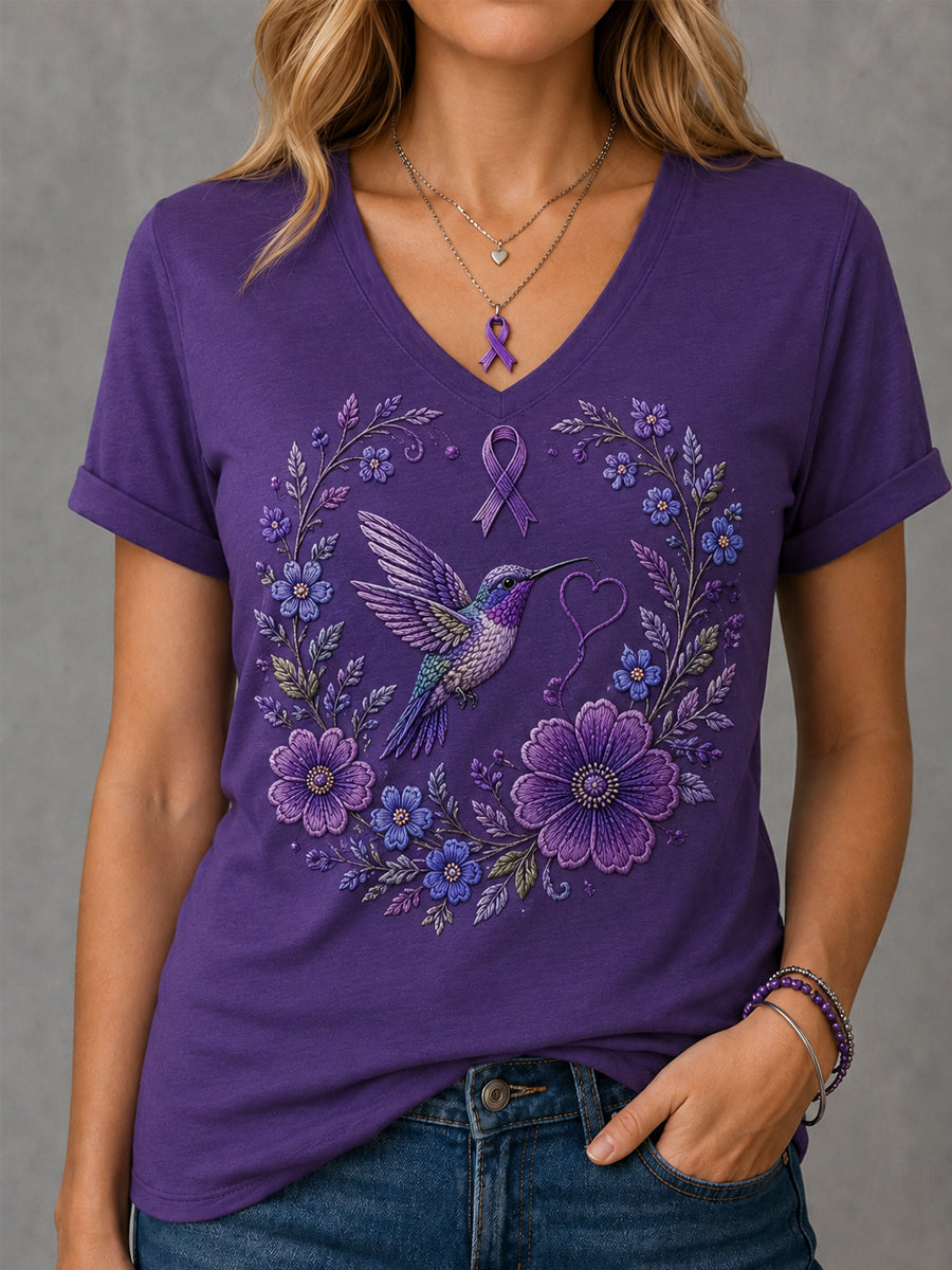 Damen-T-Shirt mit violetter Blumen- und Kolibri-Print-Aufschrift zur Sensibilisierung für Alzheimer, V-Ausschnitt