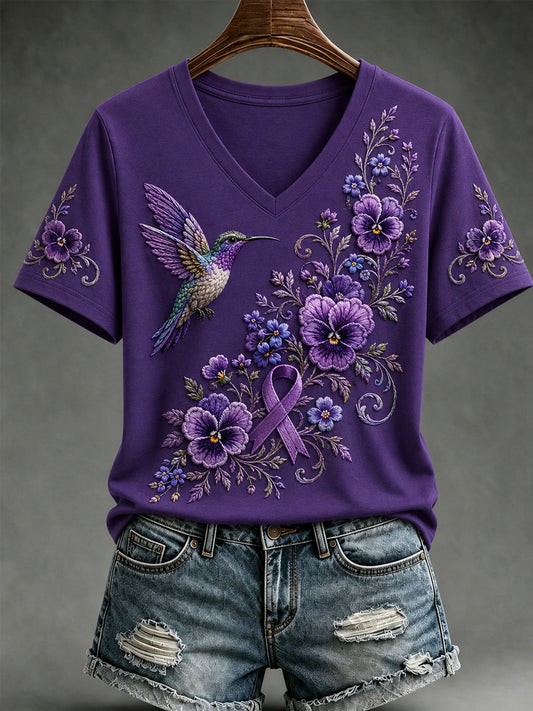 Damen-T-Shirt mit violetter Blumen- und Kolibri-Print, V-Ausschnitt und kurzen Ärmeln zur Sensibilisierung für die Alzheimer-Krankheit