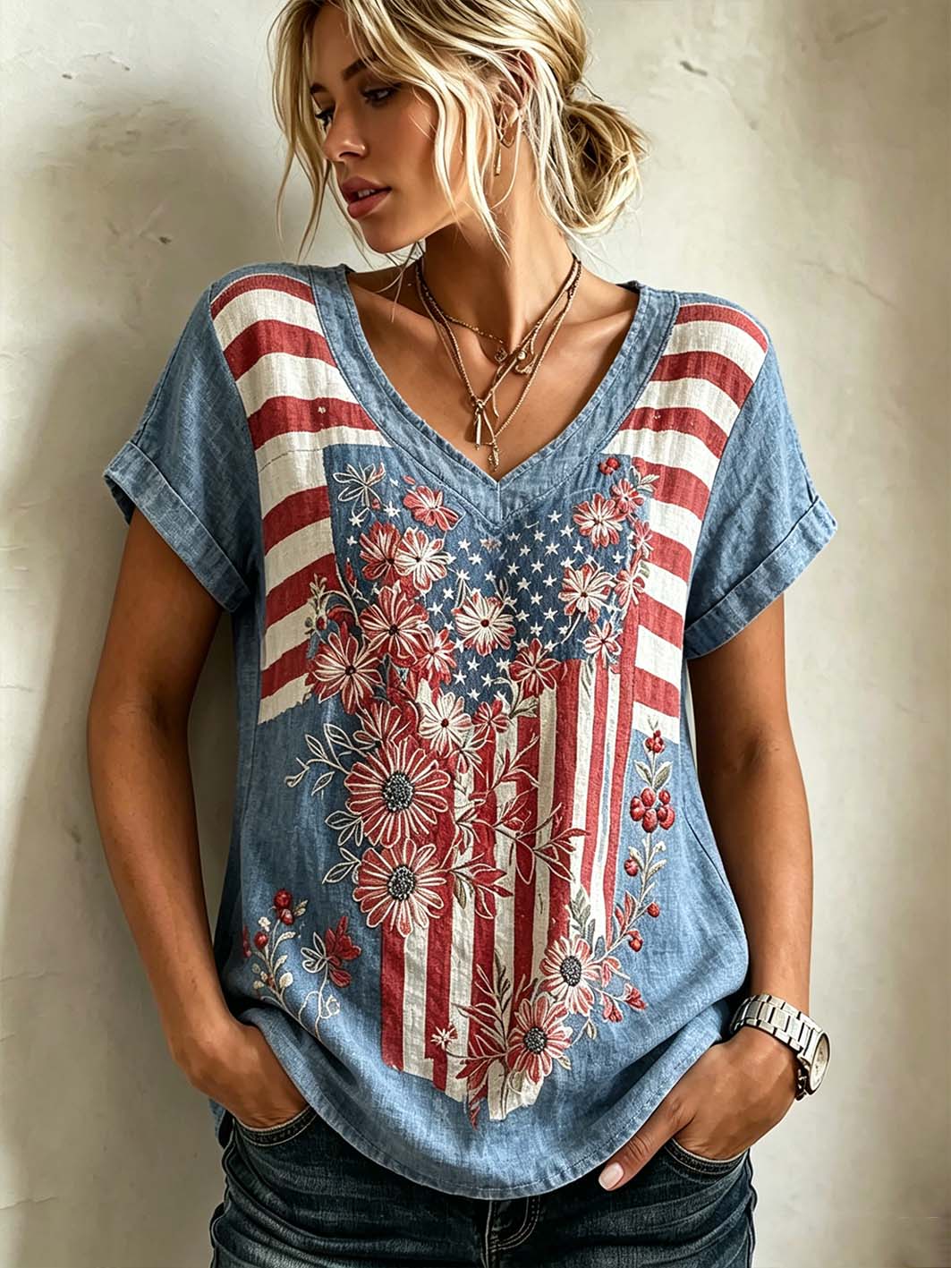Kurzarm-T-Shirt mit Retro-Print aus Leinen mit amerikanischen Flaggen elementen