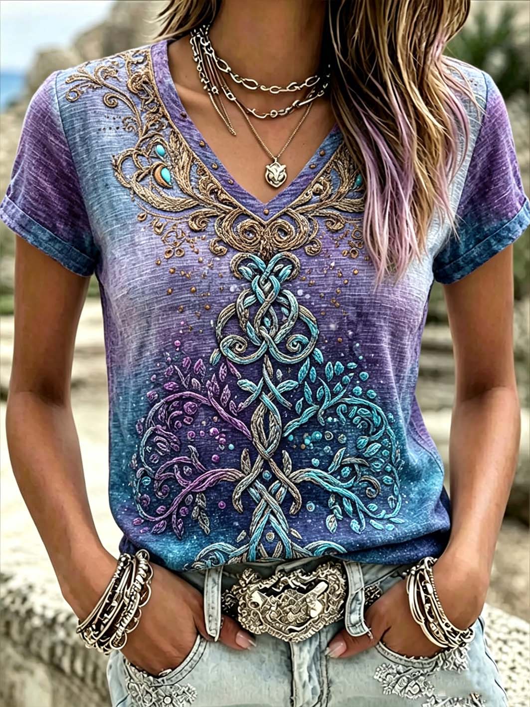 Damen-Retro-T-Shirt aus Leinen mit nordischer Mythologie und Wikinger-Motiv, kurzärmelig