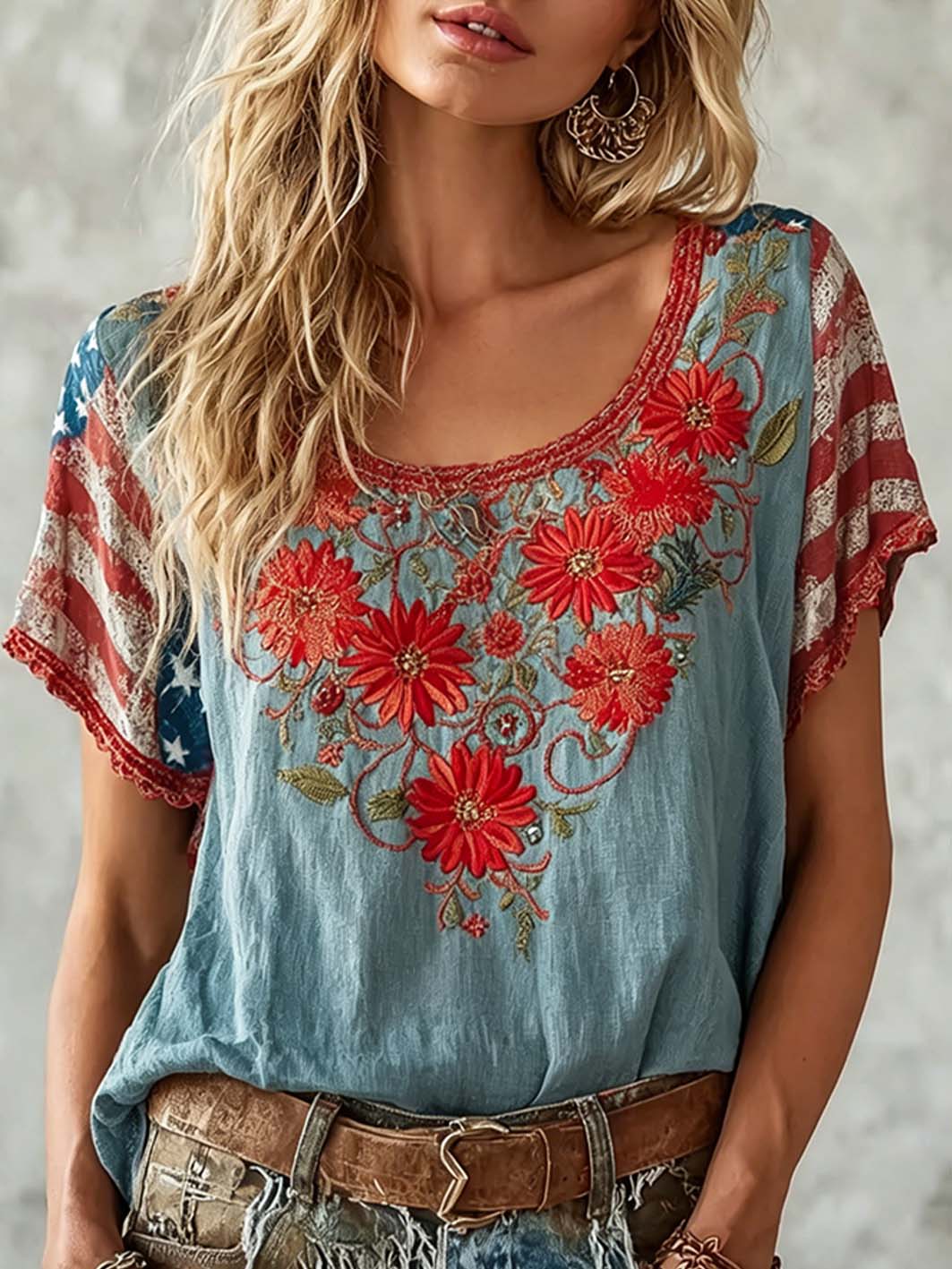 Damen-Kurzarm-T-Shirt mit Pflanzen-und Blumen stickerei druck