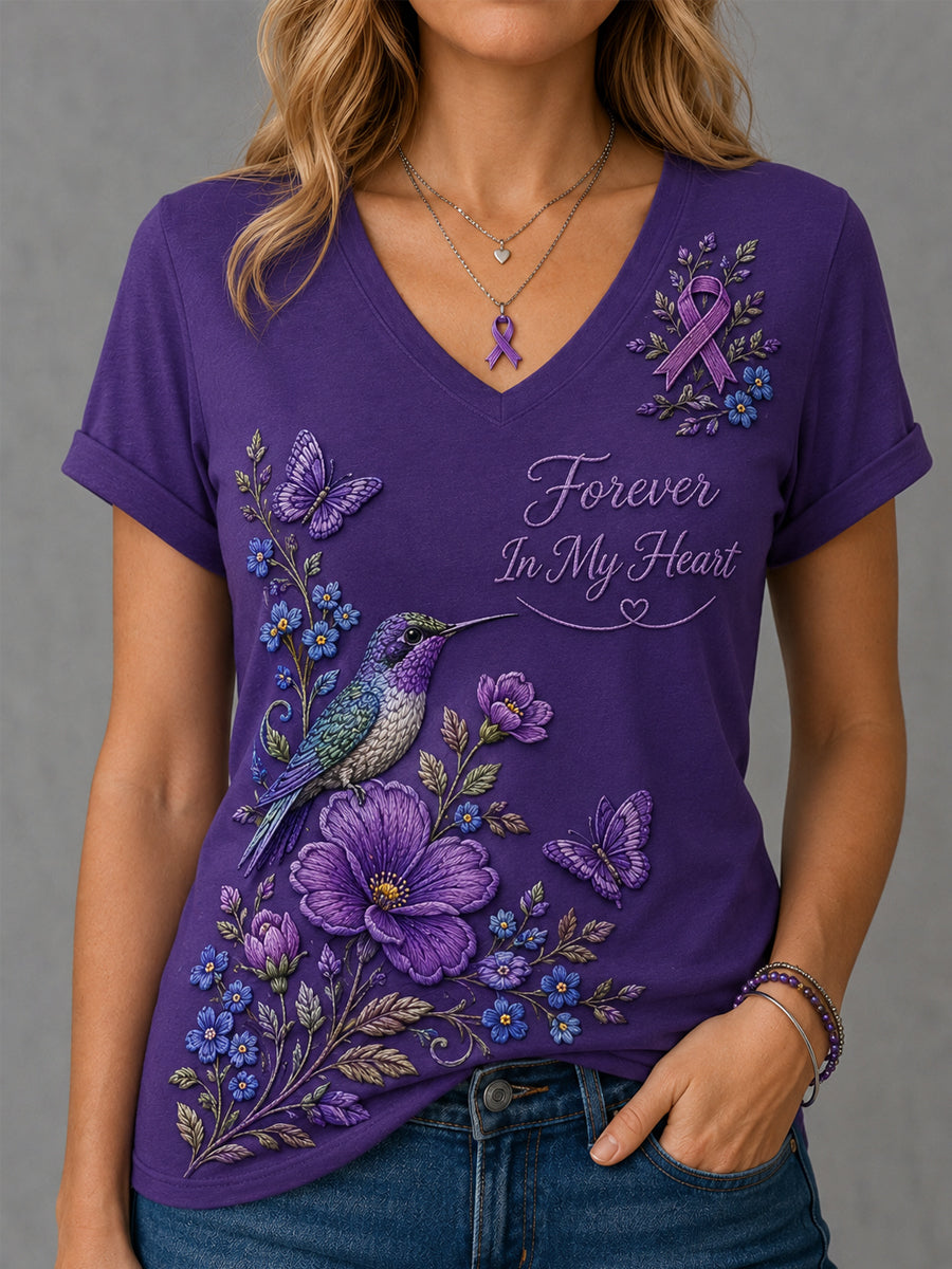 Damen-T-Shirt mit violetter Blumen- und Kolibri-Print-Aufschrift zur Sensibilisierung für Alzheimer, V-Ausschnitt