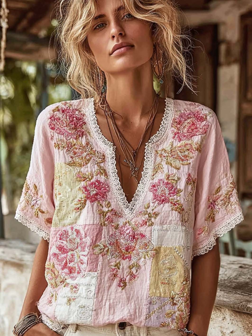 Damen-T-Shirt aus Baumwolle und Leinen mit retro-motiviertem, rosa Blumenmuster